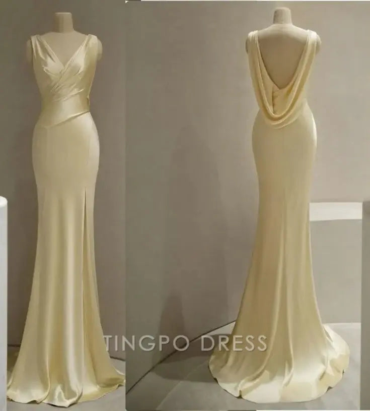 Elegant Plunging V - Neck Draped Back Mermaid Maxi Dress with Side Slit Prom Dress